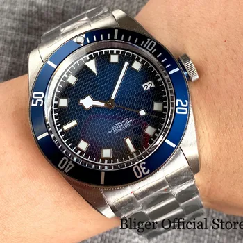 BLIGER Blue Grid Pattern Japan 24 Jewels NH35A Модерен Мъжки Часовник самостоятелно ликвидация Четка От Неръждаема Стомана, Каишка За Часовник лющеща се Стрелка