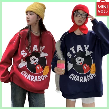 Нова дамски hoody Miniso дисни cto Mickey Mouse Y2K с принтом и дълги ръкави, свободна hoody, пуловер за сладко момиче в подарък