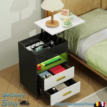 Led нощни шкафчета с прибиращ захранване Мултифункционален регулируем малка странична масичка-Шкаф за съхранение на малка странична масичка RGB количка