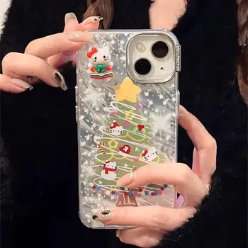 Sanrio Калъф за Iphone под формата на снежинки и коледно Sanrio Hello Kitty Iphone15Promax/14/13/12/11 Триизмерен котка от плаващи пясъци в сребърен цвят