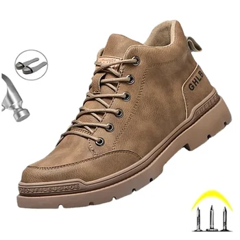 Модни кожени обувки за мъже, защитни обувки Wrok, строителни обувки със защита от удар и пробождане, Неразрушаемая мъжки обувки