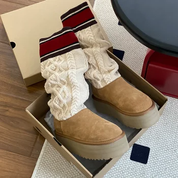 Топъл вязаный пуловер, дамски ботуши от овча кожа на дебела подметка, Удобни дамски обувки 2023 година на издаване, класически обувки на тънък чорап