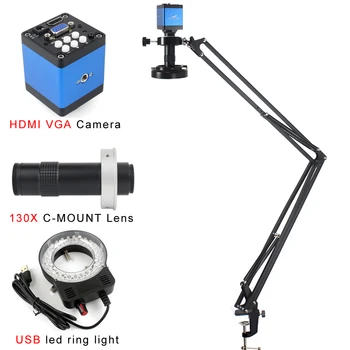 13-Мегапикселова цифрова индустриална камера за видеомикроскопа HDMI VGA с 1-130-кратно увеличение, голямо работно разстояние за ремонт на телефона, запояване