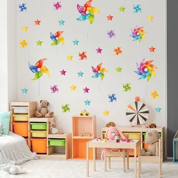 Стикери за стена с мультяшными вятърни мелници PVC за детска стая, стикери за стена детска спалня, самозалепващи водоустойчиви стикери за стая на момче