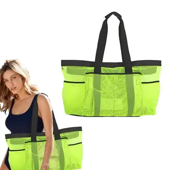 Голяма плажна чанта с джобове, водоустойчива плажна чанта-тоут, 8 джобове, найлонова чанта за плажни хавлии с външен цип, окото плажна чанта