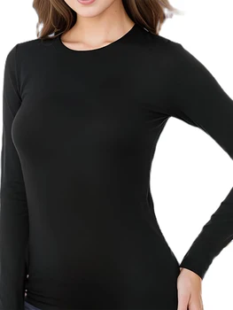 Дамски флисовые тениски с дълъг ръкав, обикновена риза с кръгло деколте, есен-зима, приталенное топлинна бельо, блузи, градинска облекло