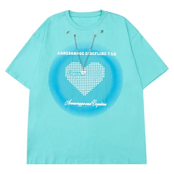 Лейси Модна тениска с изображение на пяна във формата на сърце с веригата на Harajuku, Всекидневни Свободен топ с къс ръкав, Мъжки Дамски тениска, Лятна Градинска облекло