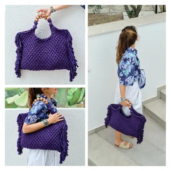 Вязаная на една кука лятна плажна чанта в стил бохо-шик с ресни, чанта-тоут от ресни, бежово-синя пазарната чанта в ретро стил