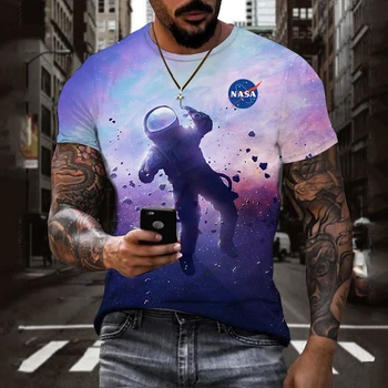 Лятна мъжка тениска оверсайз, широки дрехи, модни гореща тениска с къс ръкав на американската забавна тениска с кръгло деколте и принтом астронавти