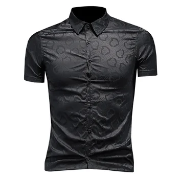 2023 Нова бизнес ежедневни тъмната жаккардовая риза с къс ръкав, мъжки дишаща студена тънка неглаженая риза с къс ръкав Ice Silk
