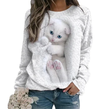 Дамски тениски с 3D принтом котка, блузи с дълъг ръкав и кръгло деколте, топ за подарък за рожден Ден, Ден на Св. Валентин