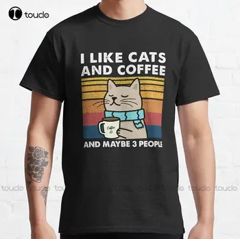 Аз обичам котки, Кафе И може би за 3 лице Класическа Мъжка тениска Тениска С кръгло деколте Градинска облекло Оверсайз Xs-5Xl Тениска С принтом Градинска облекло
