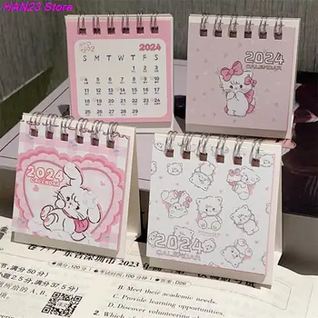 Настолен календар с анимационни розов котка в 2024 година, Мини-сладък настолен календар с панти капак, Малко ежедневно планиране, месечен календар за дома, 1БР