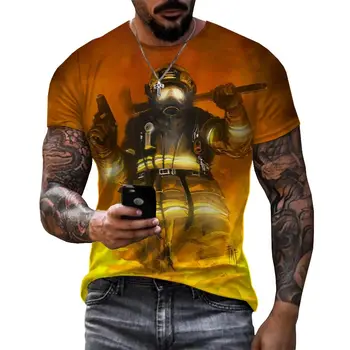 Лятна мъжка тениска с изображение на герой-войник-пожарникар с 3D-принтом, модерен случайни топ голям размер в стил харадзюку с кръгла яка и къси ръкави.