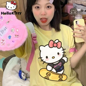 Sanrio Hello Kitty Дрехи Летни Къси тениски с анимационни принтом Женски Harajuku Свободни Тениски Y2k Сладък Потник Дамски Дрехи