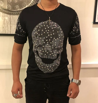 Потници и тениски 2019 лятна памучен тениска с кръгло деколте и къс ръкав за мъже тенденции за фитнес най-високо качество с диаманти
