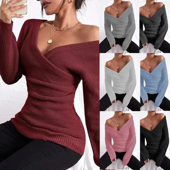Дамски есен-зима възли, пуловери и блузи с преминаването V-образно деколте, пуловер с дълги ръкави и отворени рамене, джъмпери, върхове