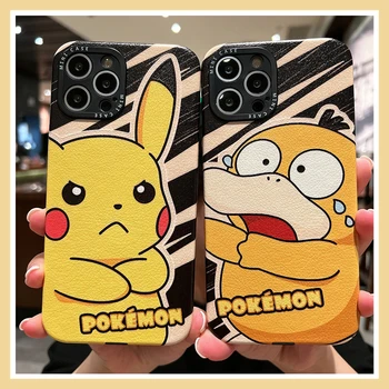 Текстурный кожен калъф за телефон Pokemon Pikachu Psyduck за iPhone 11 12 13 14 Pro Max Promax Kawaii Аниме в здрав алуминий меки корици подарък
