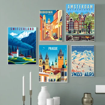 Реколта художествена картина върху платно, европейски плакати и щампи, Амстердам, Дания, Стокхолм, пътуване, град, пейзаж, стенно изкуство, живопис