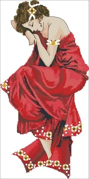 DS Жена в червена рокля в съня си, преброяване бродерия на кръстат бод 11 ct, 14 карата, 18 карата, комплекти за бродерия на кръстат бод, комплекти за бродерия