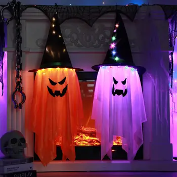Украса за Хелоуин, летящи шапки на вещици, Окачени led светлини с духове, бар, удобства за парти на Хелоуин, Елегантен светещ лампа-призрак Магьосник