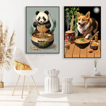 Забавно куче, панда яде ramen платно плакат реколта живопис реколта кухня ресторант стенно художествено украса модел