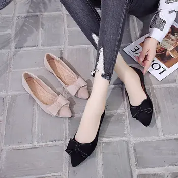 2023 Дамски обувки Zapatos De Mujer, Размер 35-40, Черни Стилни и Удобни Дамски обувки на Плоска подметка, от Изкуствена Кожа с бантиком за възрастни