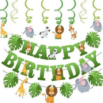 Банер на рожден ден на животните в джунглата, Венец горски Лъвове, Жирафи, слонове, банери за парти по случай рождения Ден на за момчета и момичета, банери за парти по случай рождения Ден в джунглата