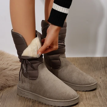 Зимни нови топли зимни обувки със средна дължина, с модерна спортна Удобни дамски обувки, кожени ботуши от дебела подметка с каишка