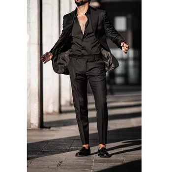 Мъжки костюм, Черен Смокинг Сватбен Костюм на Младоженеца Slim Fit за Мъже, Комплект от 2 теми, Сако, Панталон, trajes de hombre terno masculino 2022