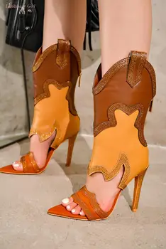 2023 Нови дамски кожени тесни обувки на висок ток с отворени пръсти, Сандали в западен стил, украсени с пайети, сандали с цип отзад