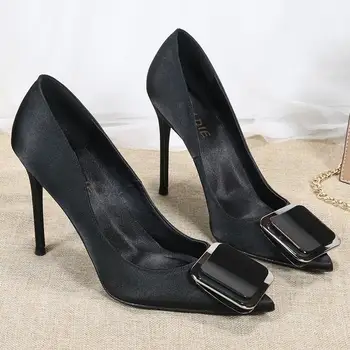 SLTNX Есен /зима, Нова коприна сатен черна професионална обувки на висок ток с квадратна катарама, женски сватбени обувки-лодка Joker