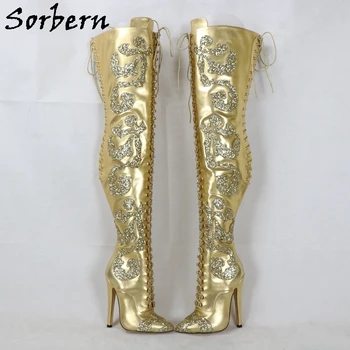 Sorbern/ Модни Златни Фетиш-Обувки, Дамски Блестящи Апликации, Обувки На Висок Ток-Висок Ток С Остър Пръсти, Дантела, На Висок Ток, Многоцветни