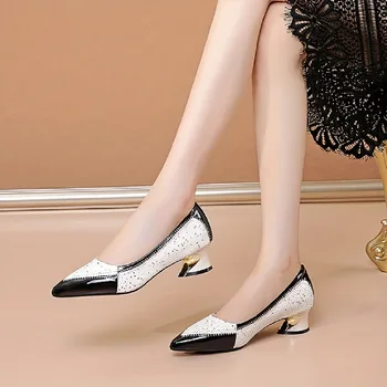Дамски обувки-лодка с геометричен модел Дамски обувки на масивна ток с остър пръсти от изкуствена кожа, Елегантен модерен градинска обувки Zapatos Mujer