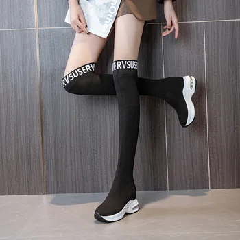 Дълги ботуши Дамски еластични обувки Нови есенни и зимни модели Плюшени обувки с чорапи Ботуши до коляното на въздушна възглавница Обувки за жени