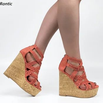 Rontic, дамски сандали изработени ръчно на платформата, Унисекс, выдалбливают танкетку, токчета с отворени пръсти, Прекрасни оранжеви обувки камилска козина цвят, размер САЩ 5-20