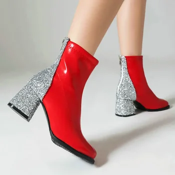 Дамски обувки от изкуствена тъкан с пайети и кръг пръсти отзад, големи размери 46 47 48, червени, бели Модни ботильоны на масивна ток.