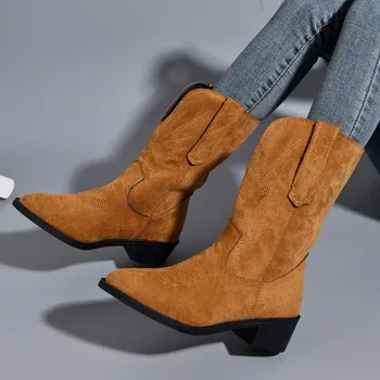 Зимна Висококачествени дамски обувки, Дамски ботуши до коляното без закопчалка, обувки на квадратен ток с остър пръсти, дамски модерни обикновен дамски обувки