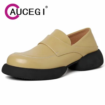 Aucegi / Ново записване, обувки-лодка от естествена кожа с дебела подметка, Добри Британски обувки ръчна изработка, без закопчалка с кръгло бомбе, жълти, черни