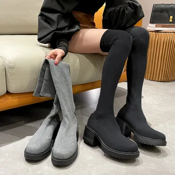 Дамски ботуши над коляното, обувки и чорапи, Луксозна дизайнерска зимни обувки с кръгло бомбе, чорапи над коляното, Модни дамски гумени чорапи 20