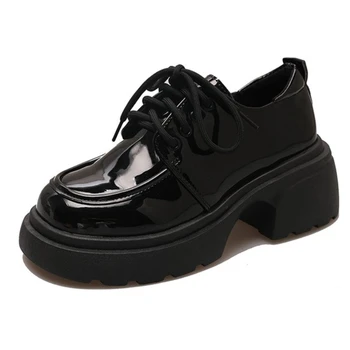 Дамски обувки, есенна черни обувки на равна подметка с кръгло бомбе, Лоферы на меху, Ежедневни дамски обувки, Дамски обувки, oxfords, сабо на платформата, есен