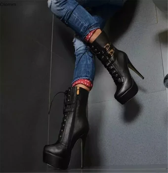 Olomm/ Нови модни дамски ботильоны на платформа, обувки с тънък висок ток, С кръгло бомбе, великолепна черна дамски обувки за партита, големи размери САЩ 5-15